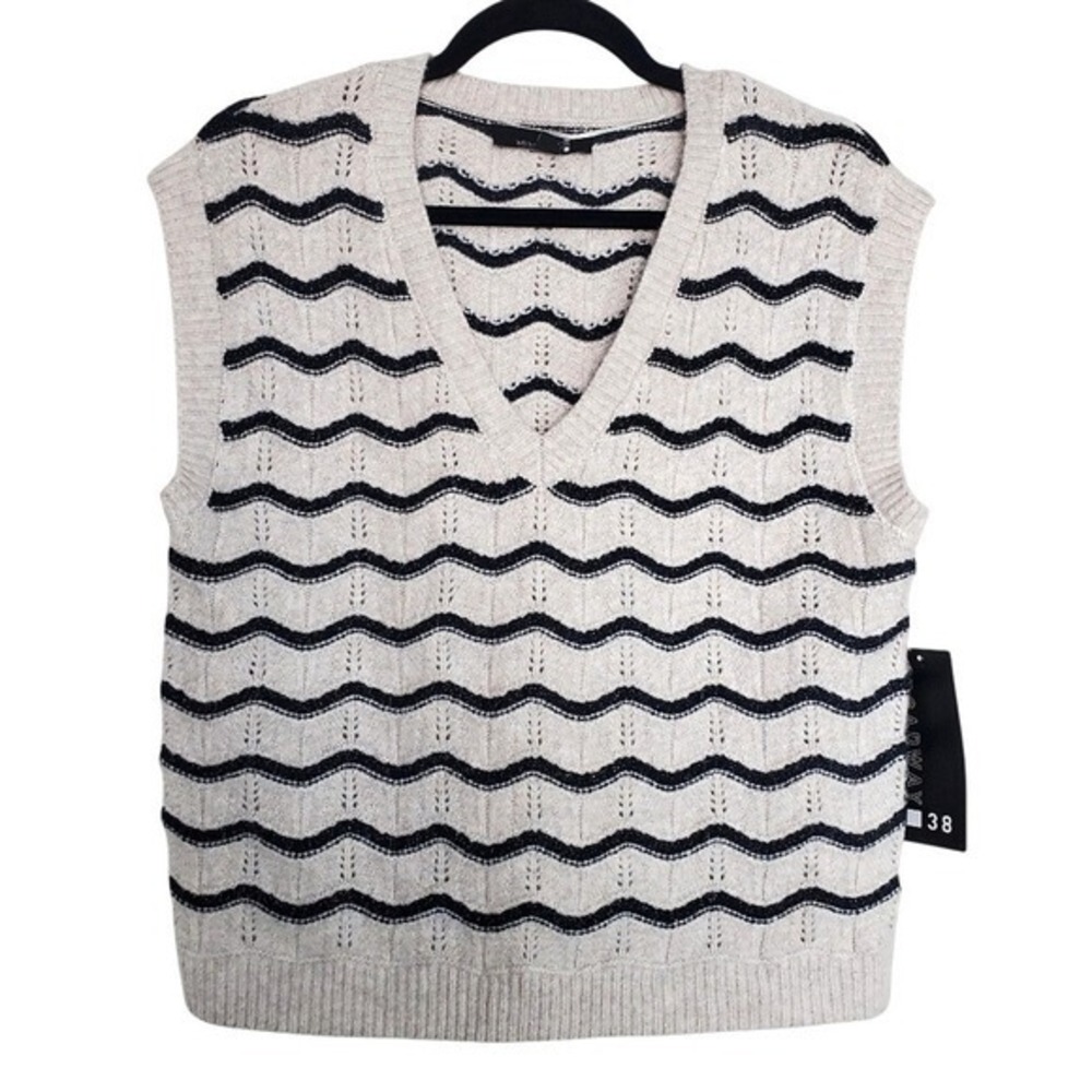 Broadway 38 Sweater Vest Beige Black Wave Pointelle Knit V-Neck Layering New L